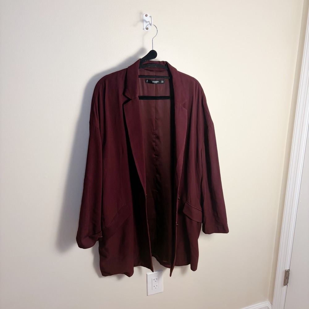 Mango Blazer Women Size M Burgundy Basics Oversized Open Front Longline Jacket - Picture 3 of 9